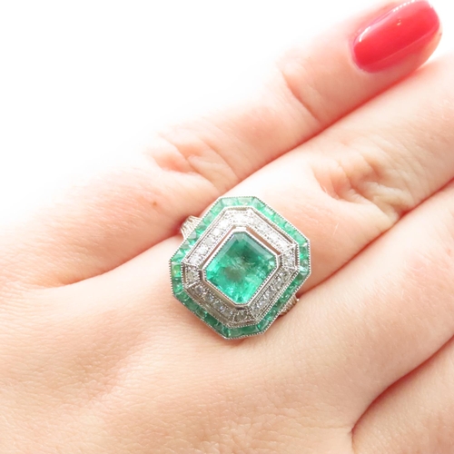 1209 - Emerald and Diamond Panel Set Ring Finely Detailed Canted Corner Cut Setting Incised Detailing and D... 