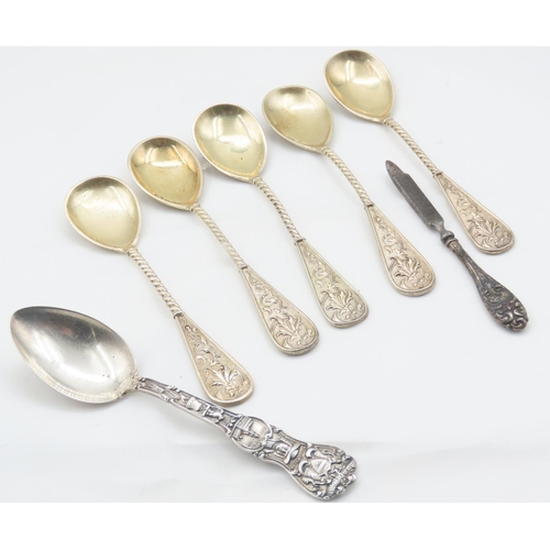 121 - Set of Four Silver Teaspoons Gilded Decoration Finely Detailed One Silver Teaspoon and Silver Handle... 