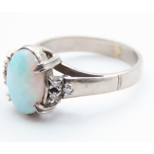 1212 - Opal Set Ring Mounted on 18 Carat White Gold with Further Diamonds Set to Shoulders Ring Size P