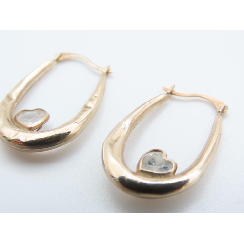 1238 - Pair of 9 Carat Yellow Gold Gemset Heart Motif Hoop Earrings 2cm High