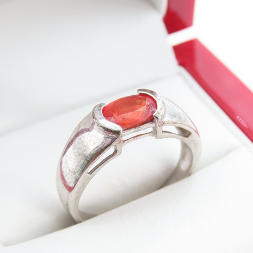 1242 - Half Bezel Set Sunstone Ring Mounted in 9 Carat White Gold Ring Size Q