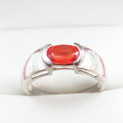 1242 - Half Bezel Set Sunstone Ring Mounted in 9 Carat White Gold Ring Size Q