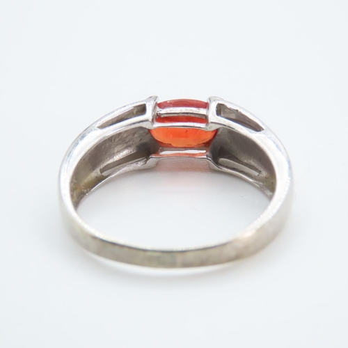 1242 - Half Bezel Set Sunstone Ring Mounted in 9 Carat White Gold Ring Size Q