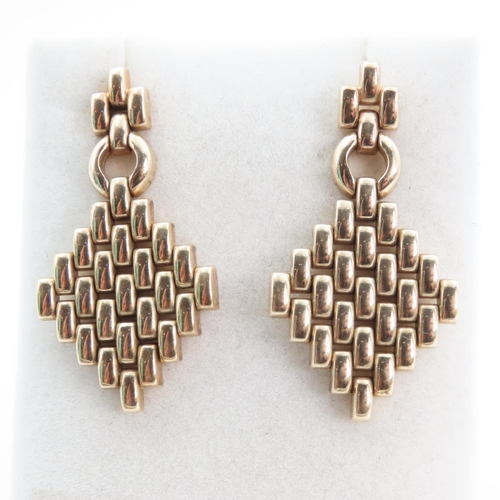 1246 - Pair of 9 Carat Yellow Gold Brick Drop Earrings 4cm Drop