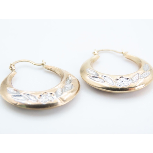 1250 - Pair of 9 Carat Yellow and White Floral Cut Hoop Earrings