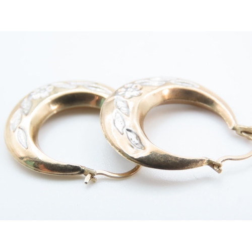 1250 - Pair of 9 Carat Yellow and White Floral Cut Hoop Earrings