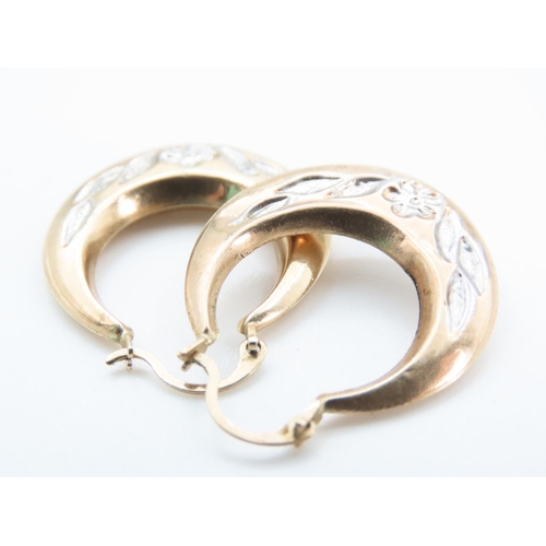 1250 - Pair of 9 Carat Yellow and White Floral Cut Hoop Earrings