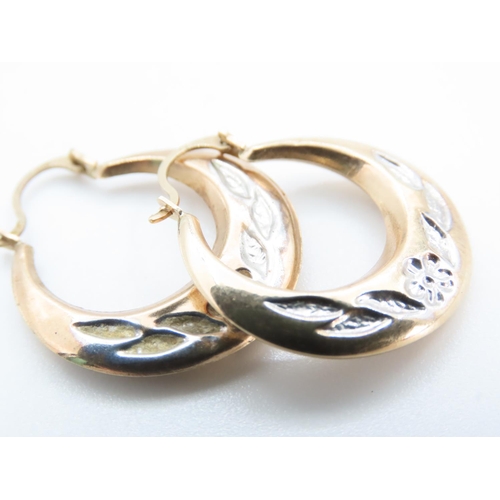 1250 - Pair of 9 Carat Yellow and White Floral Cut Hoop Earrings