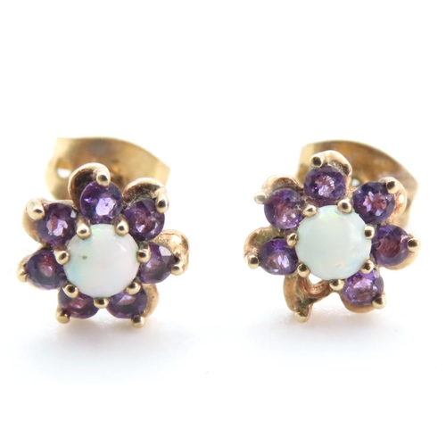 1257 - Pair of Daisy Motif Amethyst and Opal Set Stud Earrings Set in 9 Carat Yellow Gold