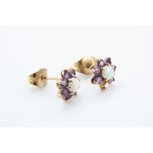 1257 - Pair of Daisy Motif Amethyst and Opal Set Stud Earrings Set in 9 Carat Yellow Gold