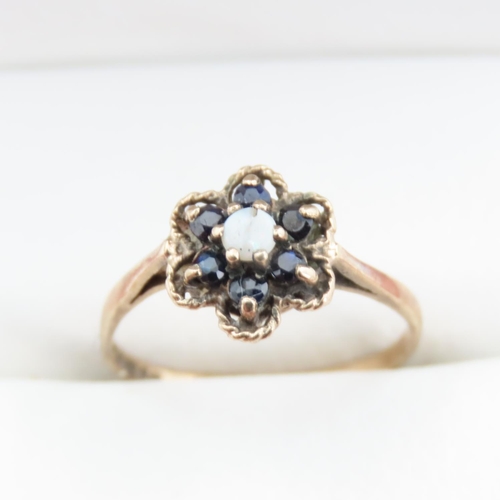 1260 - Sapphire and Opal Floral Motif Ring Set in 9 Carat Yellow Gold Ring Size M