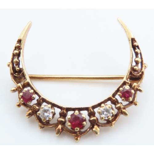 18 Carat Yellow Gold Ruby and Gemstone Set Moon Brooch