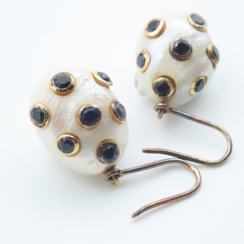 9 Carat Yellow Gold Sapphire Set Pearl Earrings 2.5cm High