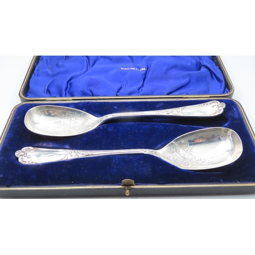 1338 - Pair of Silver Presentation Spoons Contained within Blue Velvet Lined Case Each 22cm Long