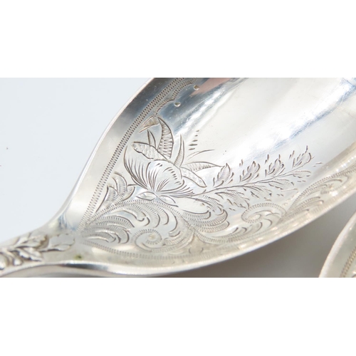 1338 - Pair of Silver Presentation Spoons Contained within Blue Velvet Lined Case Each 22cm Long