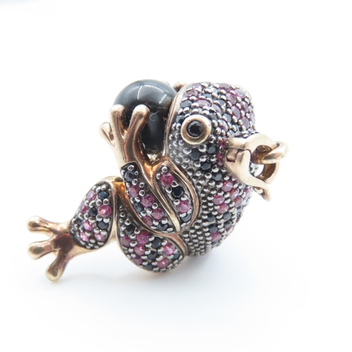 1346 - Frog Motif Silver Sapphire and Ruby Set Pendant Attractively Detailed with Frog Holding Polished Gar... 