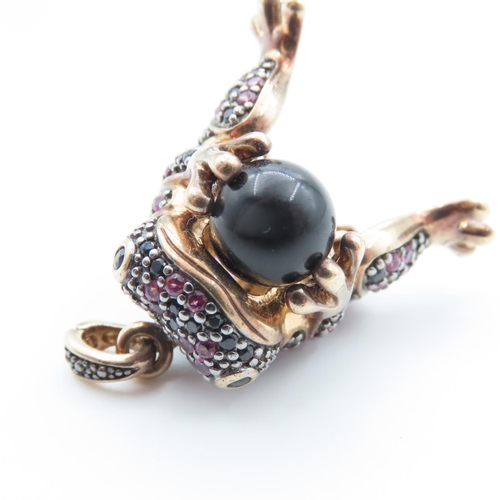 1346 - Frog Motif Silver Sapphire and Ruby Set Pendant Attractively Detailed with Frog Holding Polished Gar... 