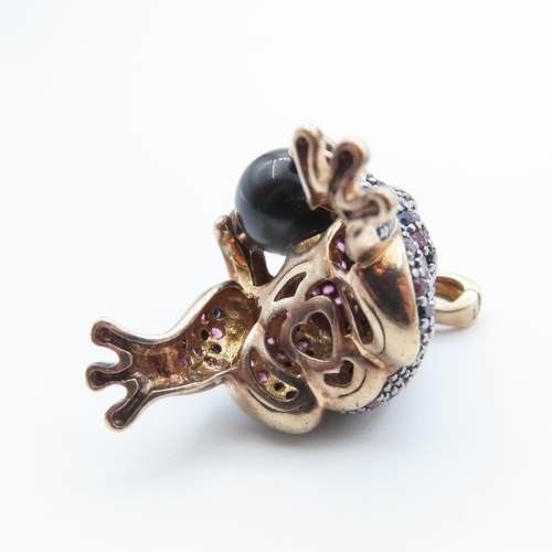 1346 - Frog Motif Silver Sapphire and Ruby Set Pendant Attractively Detailed with Frog Holding Polished Gar... 