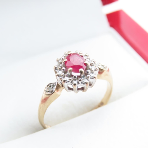 1354 - Ruby and Diamond Ladies Cluster Ring Mounted on 9 Carat Yellow Gold Band Ring Size I and a Half