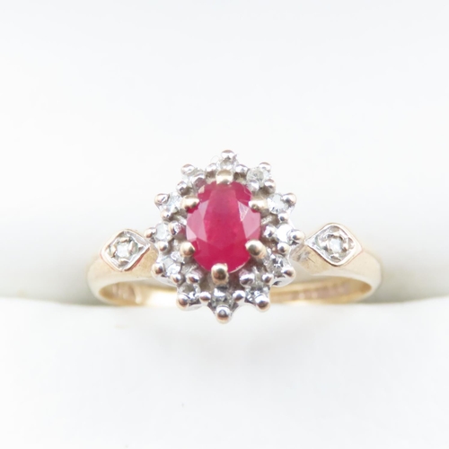 1354 - Ruby and Diamond Ladies Cluster Ring Mounted on 9 Carat Yellow Gold Band Ring Size I and a Half