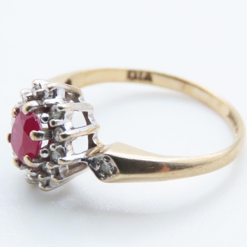 1354 - Ruby and Diamond Ladies Cluster Ring Mounted on 9 Carat Yellow Gold Band Ring Size I and a Half