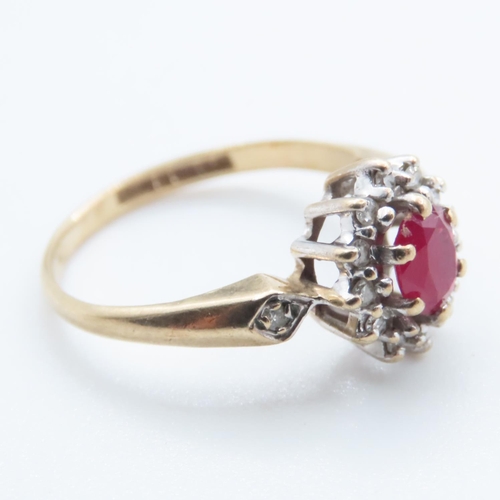 1354 - Ruby and Diamond Ladies Cluster Ring Mounted on 9 Carat Yellow Gold Band Ring Size I and a Half