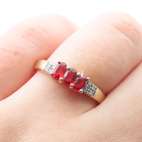 1356 - Three Stone Red Garnet and Diamond Set Ring Mounted in 9 Carat Yellow Gold Ring Size Q and a Half