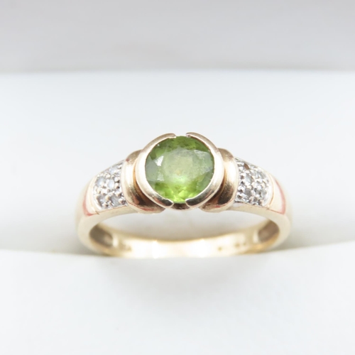 1361 - Half Bezel Set Peridot Ring Mounted in 9 Carat Yellow Gold with Further Diamonds Set to Shoulders Ri... 