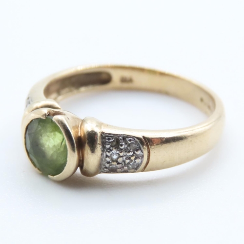 1361 - Half Bezel Set Peridot Ring Mounted in 9 Carat Yellow Gold with Further Diamonds Set to Shoulders Ri... 