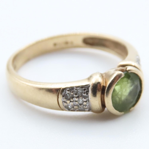 1361 - Half Bezel Set Peridot Ring Mounted in 9 Carat Yellow Gold with Further Diamonds Set to Shoulders Ri... 