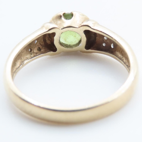 1361 - Half Bezel Set Peridot Ring Mounted in 9 Carat Yellow Gold with Further Diamonds Set to Shoulders Ri... 