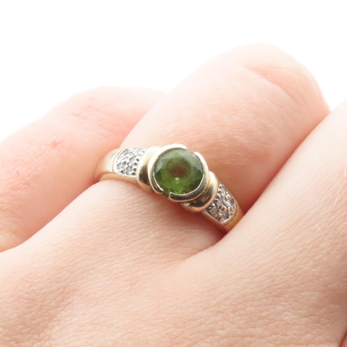 1361 - Half Bezel Set Peridot Ring Mounted in 9 Carat Yellow Gold with Further Diamonds Set to Shoulders Ri... 