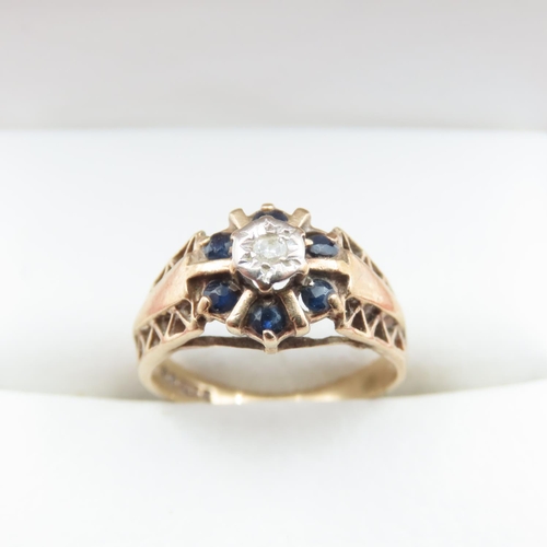 1369 - Sapphire and Diamond Ladies Ring Set in 9 Carat Yellow Gold Attractively Detailed Ring Size K