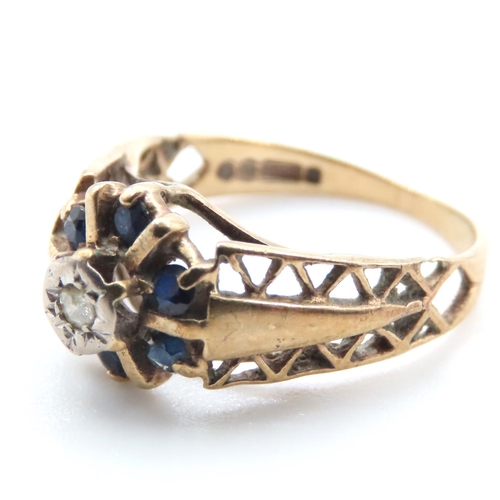 1369 - Sapphire and Diamond Ladies Ring Set in 9 Carat Yellow Gold Attractively Detailed Ring Size K