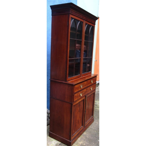 14 - Figured Mahogany Satin Wood Inlaid Astral Grazed Two Door Bookcase with Twin Drawers above Cupboard ... 