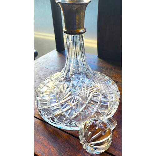 151 - Silver Collar Cut Crystal Ships Decanter with Original Stopper Approximately 12 Inches High