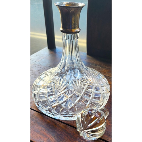 151 - Silver Collar Cut Crystal Ships Decanter with Original Stopper Approximately 12 Inches High