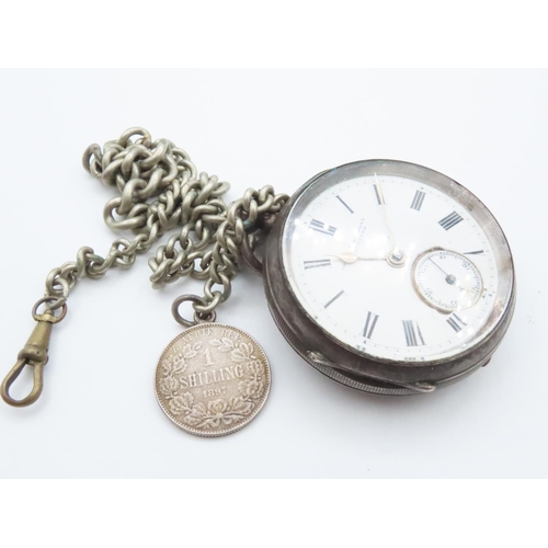 1573 - Silver Cased Half Hunter Pocket Watch Roman Numeral Decorated Dial with Albert Chain and Coin Dial 4... 