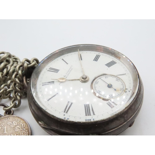 1573 - Silver Cased Half Hunter Pocket Watch Roman Numeral Decorated Dial with Albert Chain and Coin Dial 4... 