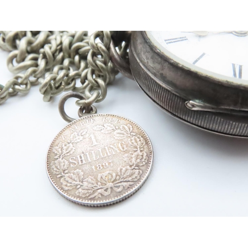 1573 - Silver Cased Half Hunter Pocket Watch Roman Numeral Decorated Dial with Albert Chain and Coin Dial 4... 