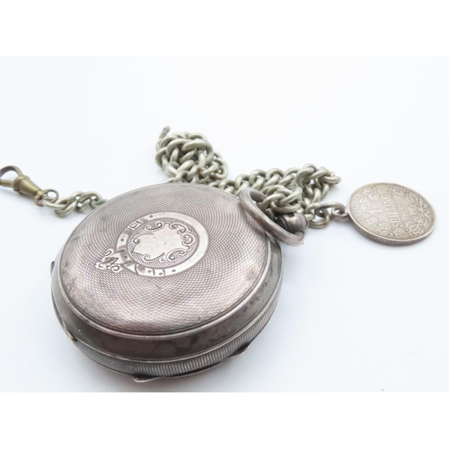 1573 - Silver Cased Half Hunter Pocket Watch Roman Numeral Decorated Dial with Albert Chain and Coin Dial 4... 