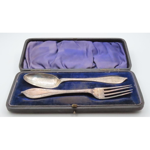 1582 - Silver Presentation Fork and Spoon Contained within Original Presentation Case Each 16cm Long