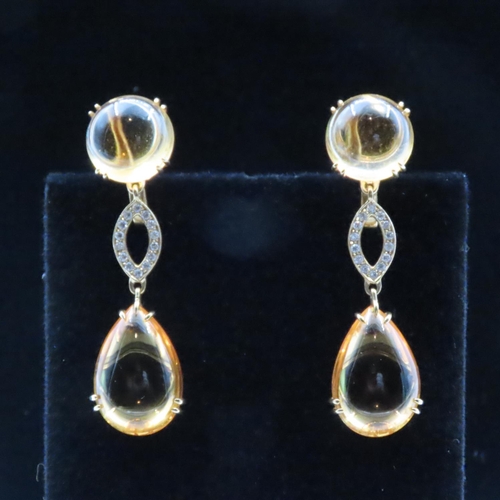 1610 - Polished Citrine and Diamond Set 18 Carat Yellow Gold Drop Earrings 5cm Long