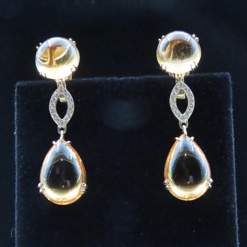 1610 - Polished Citrine and Diamond Set 18 Carat Yellow Gold Drop Earrings 5cm Long