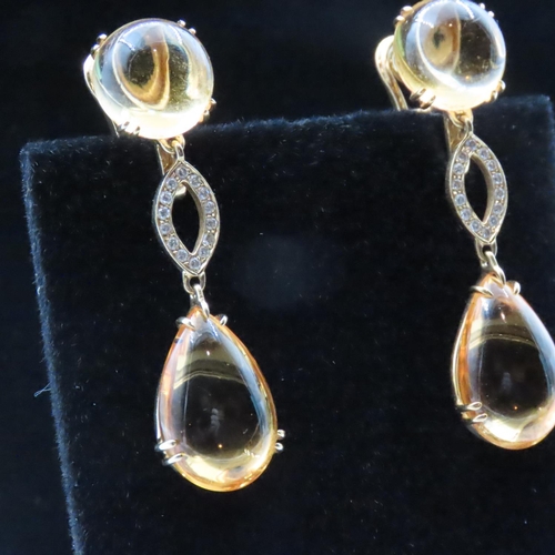 1610 - Polished Citrine and Diamond Set 18 Carat Yellow Gold Drop Earrings 5cm Long