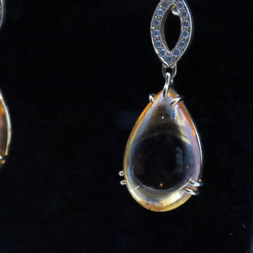 1610 - Polished Citrine and Diamond Set 18 Carat Yellow Gold Drop Earrings 5cm Long