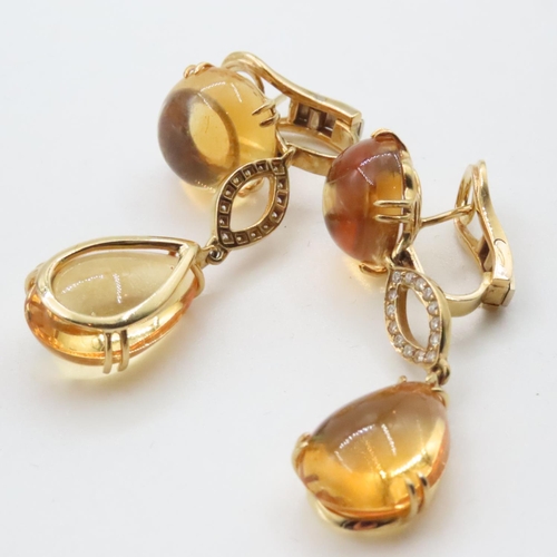 1610 - Polished Citrine and Diamond Set 18 Carat Yellow Gold Drop Earrings 5cm Long