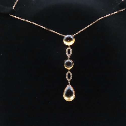 1611 - Polished Citrine and Diamond Set 18 Carat Yellow Gold Drop Necklace Chain 46cm Long Pendant 7cm Drop