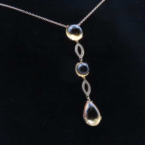 1611 - Polished Citrine and Diamond Set 18 Carat Yellow Gold Drop Necklace Chain 46cm Long Pendant 7cm Drop