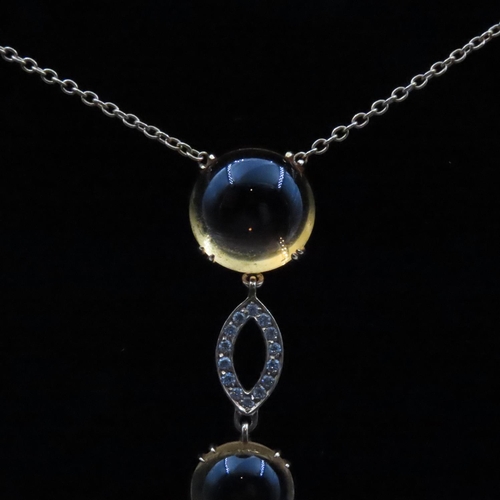 1611 - Polished Citrine and Diamond Set 18 Carat Yellow Gold Drop Necklace Chain 46cm Long Pendant 7cm Drop